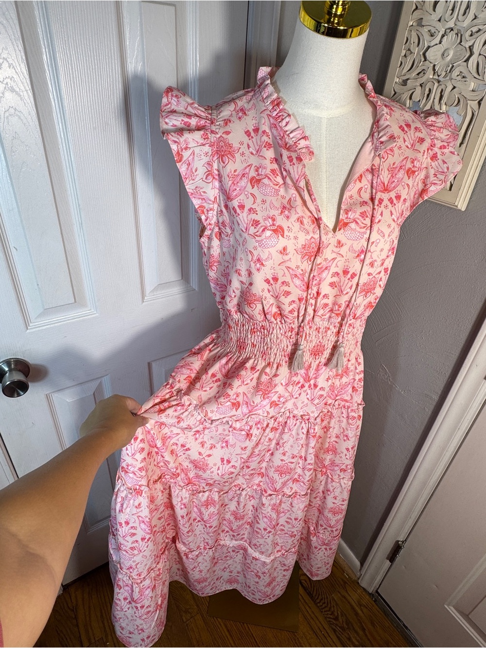 Sail to Sable Pink Floral Smocked Waist Midi/Maxi Dress Large MSRP $169 - Picture 6 of 8